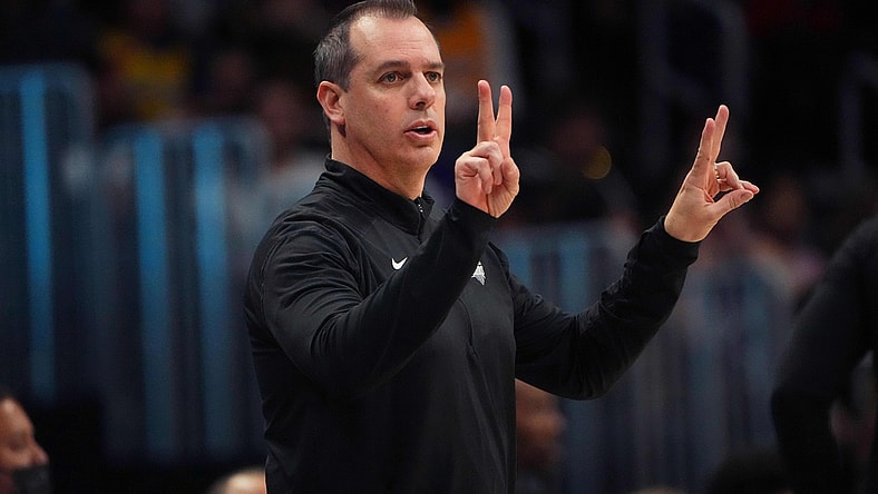 Apr 10, 2022; Denver, Colorado, USA; Los Angeles Lakers head coach Frank Vogel signals in the second quarter against the Denver Nuggets at Ball Arena. Mandatory Credit: Ron Chenoy-USA TODAY Sports