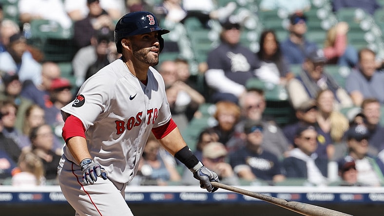 Apr 12, 2022; Detroit, Michigan, USA;  Boston Red Sox left fielder J.D. Martinez (28) hits an RBI double in the sixth inning against the Detroit Tigers at Comerica Park. Mandatory Credit: Rick Osentoski-USA TODAY Sports