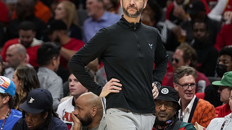 Apr 13, 2022; Atlanta, Georgia, USA; Charlotte Hornets head coach James Borrego on the bench during the game against the Atlanta Hawks during the first half at State Farm Arena. Mandatory Credit: Dale Zanine-USA TODAY Sports