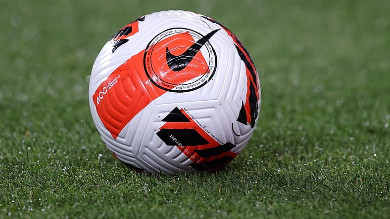 Apr 13, 2022; Harrison, NJ, USA; A detailed view of a Nike soccer ball before the game between the Seattle Sounders and the New York City FC at Red Bull Arena. Mandatory Credit: Vincent Carchietta-USA TODAY Sports