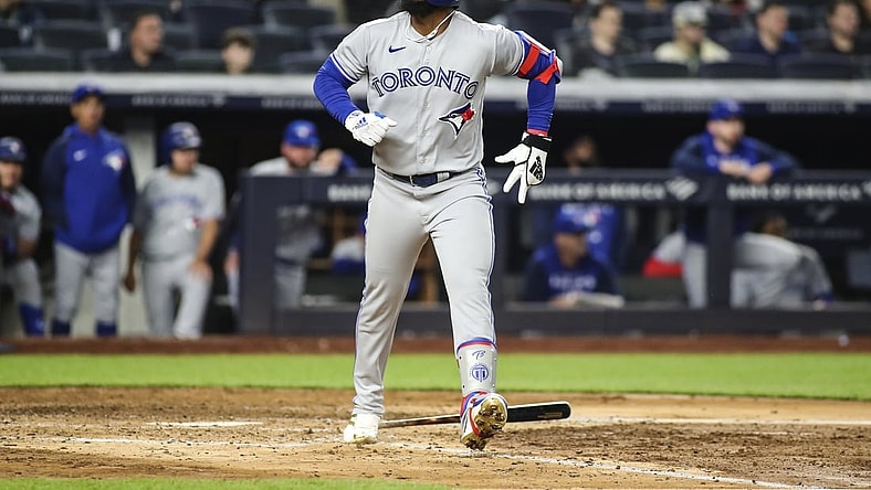 Apr 13, 2022; Bronx, New York, USA;  Toronto Blue Jays right fielder Teoscar Hernandez (37) reacts after injuring himself on a swing in the sixth inning against the New York Yankees at Yankee Stadium. Mandatory Credit: Wendell Cruz-USA TODAY Sports