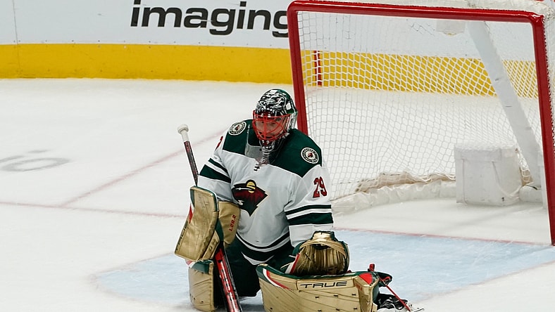 Apr 14, 2022; Dallas, Texas, USA;  Minnesota Wild goaltender Marc-Andre Fleury (29) makes a save against the Dallas Stars during the third period at American Airlines Center. Mandatory Credit: Chris Jones-USA TODAY Sports