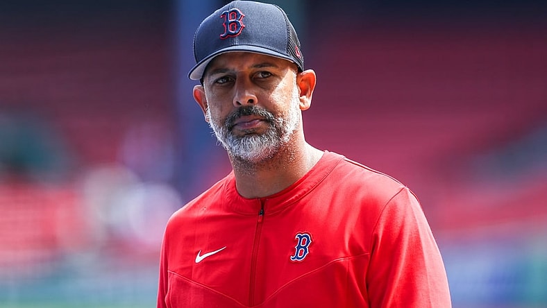 Apr 15, 2022; Boston, Massachusetts, USA; Boston Red Sox manager Alex Cora (13) reacts before playing the Minnesota Twins at Fenway Park. Mandatory Credit: Paul Rutherford-USA TODAY Sports