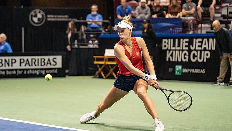 USA's Allison Riske swings during the 2022 Billie Jean King Cup on April 15.