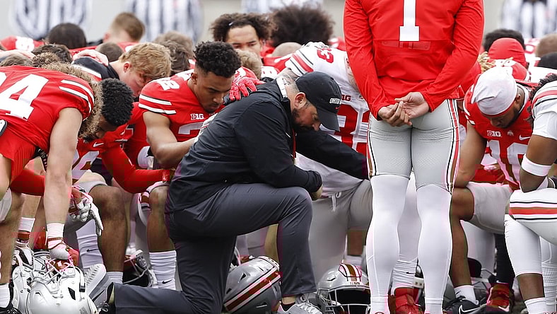 Apr 16, 2022; Columbus, Ohio, USA; Ohio State Buckeyes head coach Ryan Day has a moment of silence for Dwayne Haskins during the Annual Scarlett and Gray Spring game at Ohio Stadium. Mandatory Credit: Joseph Maiorana-USA TODAY Sports
