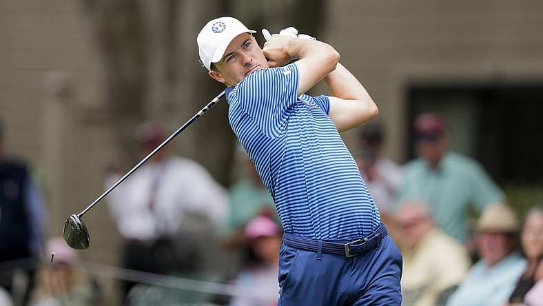 Apr 16, 2022; Hilton Head, South Carolina, USA; Jordan Spieth hits his tee shot during the third round of the RBC Heritage golf tournament. Mandatory Credit: David Yeazell-USA TODAY Sports