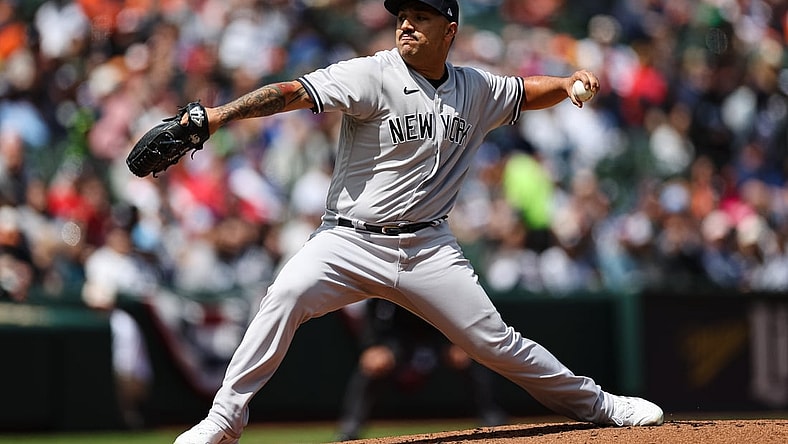 Apr 17, 2022; Baltimore, Maryland, USA; New York Yankees starting pitcher Nestor Cortes (65) pitches against the Baltimore Orioles during the first inning at Oriole Park at Camden Yards. Mandatory Credit: Scott Taetsch-USA TODAY Sports