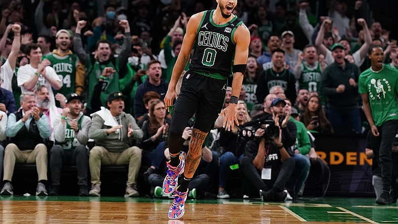 Apr 17, 2022; Boston, Massachusetts, USA; Boston Celtics forward Jayson Tatum (0) reacts after a play against the Brooklyn Nets in the first quarter during game one of the first round for the 2022 NBA playoffs at TD Garden. Mandatory Credit: David Butler II-USA TODAY Sports