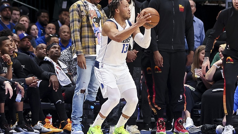 Apr 18, 2022; Dallas, Texas, USA; Dallas Mavericks guard Jalen Brunson (13) shoots against the Utah Jazz during the second quarter in game two of the first round of the 2022 NBA playoffs at American Airlines Center. Mandatory Credit: Kevin Jairaj-USA TODAY Sports