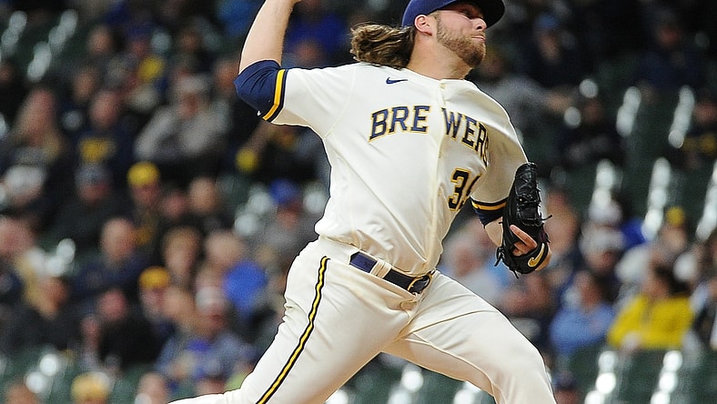 Apr 19, 2022; Milwaukee, Wisconsin, USA; Milwaukee Brewers starting pitcher Corbin Burnes (39) pitches in the seventh inning against the Pittsburgh Pirates at American Family Field. Mandatory Credit: Michael McLoone-USA TODAY Sports
