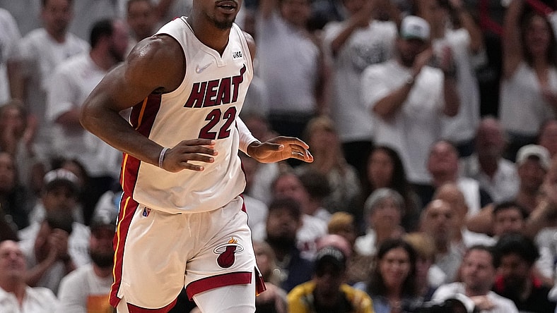Apr 19, 2022; Miami, Florida, USA; Miami Heat forward Jimmy Butler (22) reacts after scoring against the Atlanta Hawks during the second half in game two of the first round for the 2022 NBA playoffs at FTX Arena. Mandatory Credit: Jasen Vinlove-USA TODAY Sports