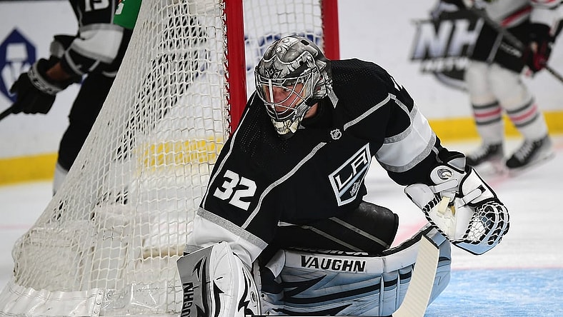 Apr 21, 2022; Los Angeles, California, USA;Los Angeles Kings goaltender Jonathan Quick (32) defends the goal against the Chicago Blackhawks during the first period at Crypto.com Arena. Mandatory Credit: Gary A. Vasquez-USA TODAY Sports