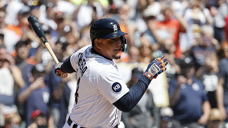 Apr 23, 2022; Detroit, Michigan, USA; Detroit Tigers designated hitter Miguel Cabrera (24) hits a single for his 3000th career hit in the first inning against the Colorado Rockies at Comerica Park. Mandatory Credit: Rick Osentoski-USA TODAY Sports