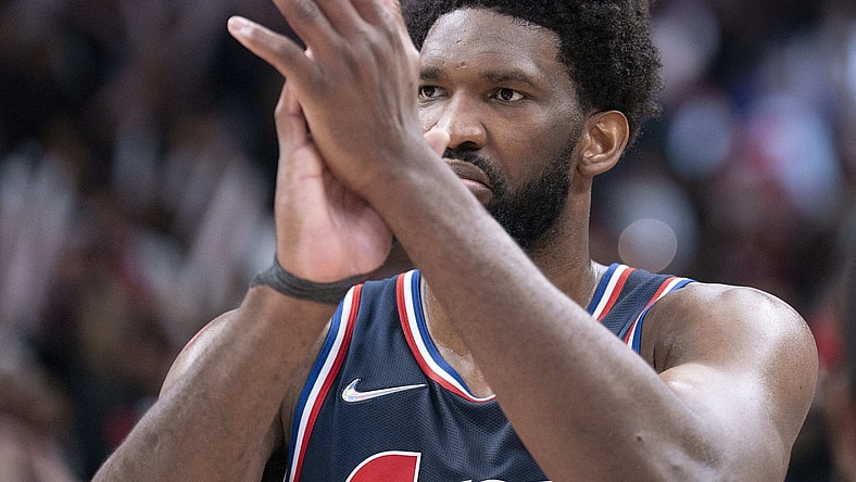 Apr 23, 2022; Toronto, Ontario, CAN; Philadelphia 76ers center Joel Embiid (21) gestures to the referees at the end of the fourth quarter of game four of the first round for the 2022 NBA playoffs against the Toronto Raptors at Scotiabank Arena. Mandatory Credit: Nick Turchiaro-USA TODAY Sports