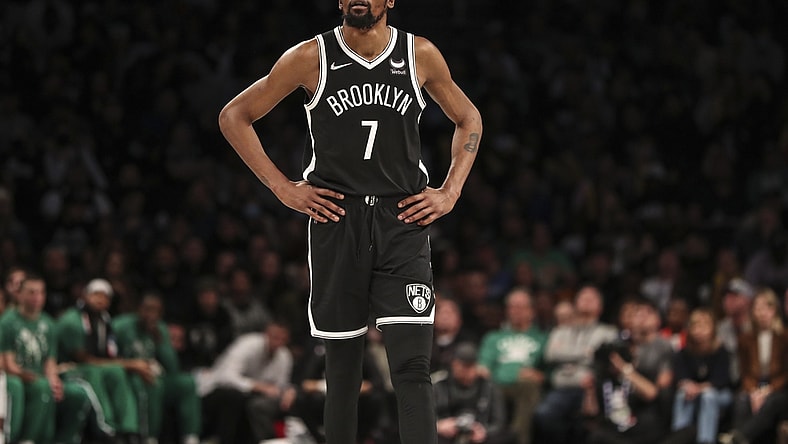 Apr 23, 2022; Brooklyn, New York, USA;  Brooklyn Nets forward Kevin Durant (7) looks up at the scoreboard in the third quarter against the Boston Celtics at Barclays Center. Mandatory Credit: Wendell Cruz-USA TODAY Sports