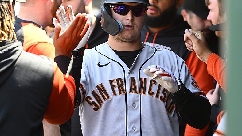 Apr 24, 2022; Washington, District of Columbia, USA; San Francisco Giants right fielder Joc Pederson (23) is congratulated by teammates after hitting an RBI sacrifice fly against the Washington Nationals during the second inning at Nationals Park. Mandatory Credit: Brad Mills-USA TODAY Sports