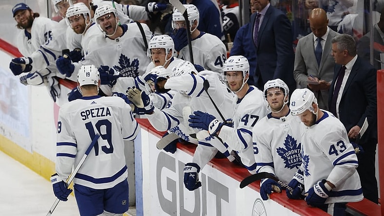 Apr 24, 2022; Washington, District of Columbia, USA; Toronto Maple Leafs center Jason Spezza (19) celebrates with teammates after scoring the game-tying goal against the Washington Capitals in the final minute of the third period at Capital One Arena. Mandatory Credit: Geoff Burke-USA TODAY Sports