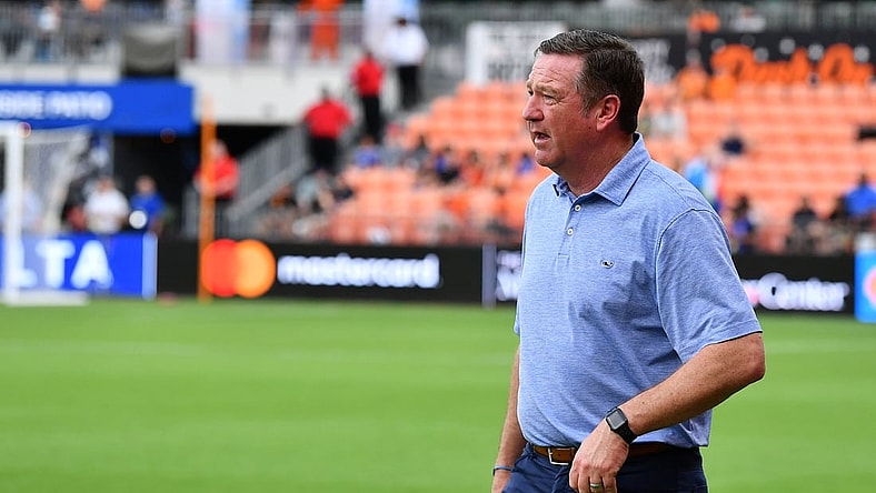 Apr 24, 2022; Houston, TX, USA; Houston Dash head coach James Clarkson looks on during the second half against Racing Louisville FC at PNC Stadium. Mandatory Credit: Maria Lysaker-USA TODAY Sports
