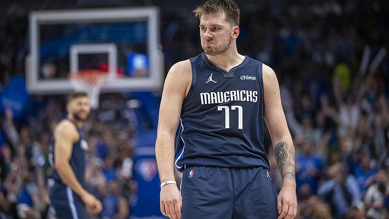 Apr 25, 2022; Dallas, Texas, USA; Dallas Mavericks guard Luka Doncic (77) celebrates making a basket against the Utah Jazz during the third quarter in game five of the first round for the 2022 NBA playoffs at American Airlines Center. Mandatory Credit: Jerome Miron-USA TODAY Sports
