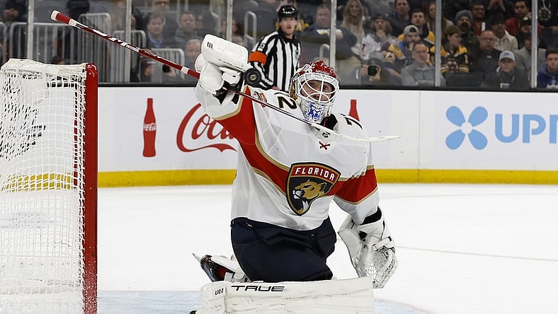 Apr 26, 2022; Boston, Massachusetts, USA; Florida Panthers goaltender Sergei Bobrovsky (72) makes a stick save against the Boston Bruins during the third period at TD Garden. Mandatory Credit: Winslow Townson-USA TODAY Sports