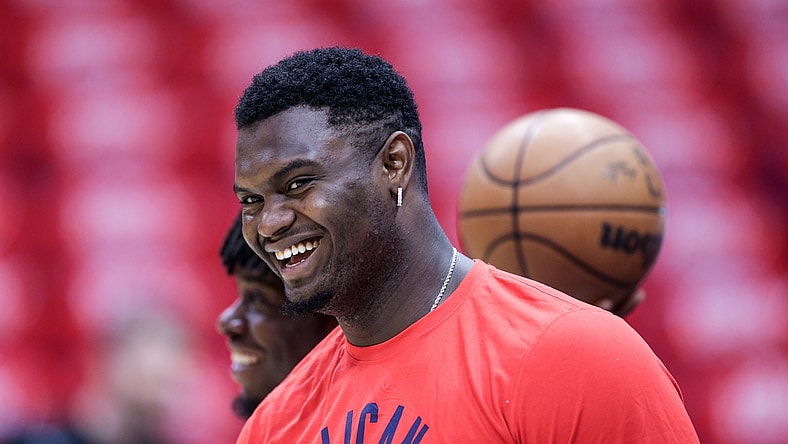 Apr 28, 2022; New Orleans, Louisiana, USA;   New Orleans Pelicans forward Zion Williamson (1) during warm ups before game six against the Phoenix Suns of the first round for the 2022 NBA playoffs at Smoothie King Center. Mandatory Credit: Stephen Lew-USA TODAY Sports