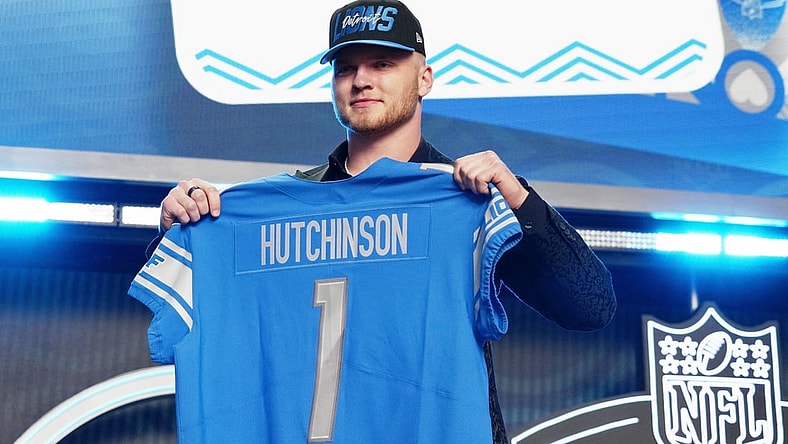 Apr 28, 2022; Las Vegas, NV, USA; Michigan defensive end Aidan Hutchinson after being selected as the second overall pick to the Detroit Lions during the first round of the 2022 NFL Draft at the NFL Draft Theater. Mandatory Credit: Kirby Lee-USA TODAY Sports