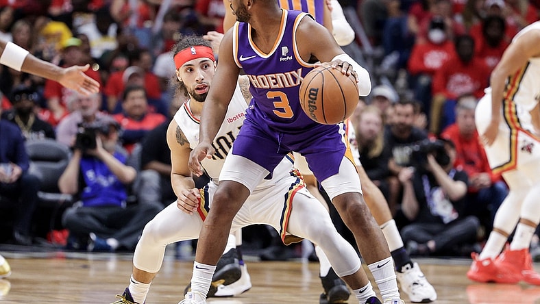 Apr 28, 2022; New Orleans, Louisiana, USA;  New Orleans Pelicans guard Jose Alvarado (15) watches the ball Phoenix Suns guard Chris Paul (3) has during the first half of game six of the first round for the 2022 NBA playoffs at Smoothie King Center. Mandatory Credit: Stephen Lew-USA TODAY Sports