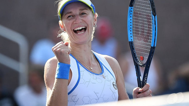 Aug 29, 2018; New York, NY, USA; Ekaterina Makarova of Russia celebrates after a win over Julia Goerges of Germany in a second round match on day three of the 2018 U.S. Open tennis tournament at USTA Billie Jean King National Tennis Center. Mandatory Credit: Danielle Parhizkaran-USA TODAY SPORTS