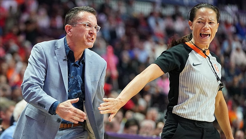 Oct 8, 2019; Uncasville, CT, USA; Connecticut Sun head coach Curt Miller reacts after a play as they take on the Washington Mystics during the second quarter in game four of the 2019 WNBA Finals at Mohegan Sun Arena. Mandatory Credit: David Butler II-USA TODAY Sports