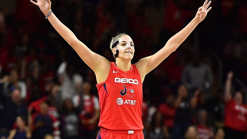 Oct 10, 2019; Washington, DC, USA; Washington Mystics forward Elena Delle Donne (11) reacts after a three point basket during the first quarter against the Connecticut Sun in game five of the 2019 WNBA Finals at Entertainment and Sports Ar. Mandatory Credit: Brad Mills-USA TODAY Sports
