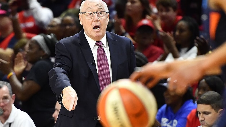 Oct 10, 2019; Washington, DC, USA; Washington Mystics head coach Mike Thibault gestures from the sidelines against the Connecticut Sun during the second quarter in game five of the 2019 WNBA Finals at Entertainment and Sports Ar. Mandatory Credit: Brad Mills-USA TODAY Sports