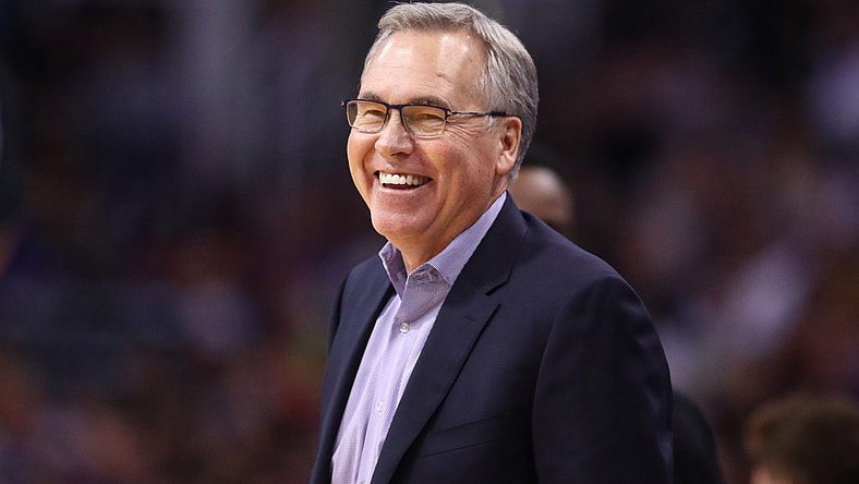Dec 21, 2019; Phoenix, Arizona, USA; Houston Rockets head coach Mike D'Antoni smiles against the Phoenix Suns at Talking Stick Resort Arena. Mandatory Credit: Mark J. Rebilas-USA TODAY Sports