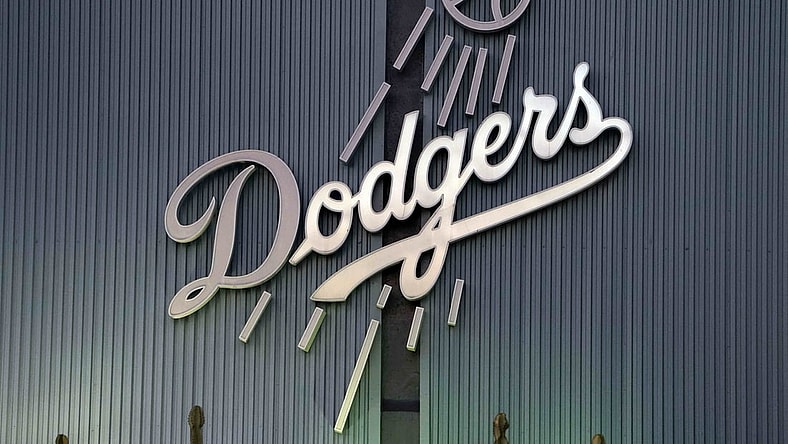 Jul 15, 2020; Los Angeles, California, United States; A general overall view of the Los Angeles Dodgers logo at Dodger Stadium. Mandatory Credit: Kirby Lee-USA TODAY Sports