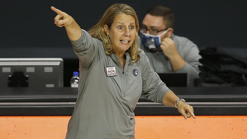 Sep 17, 2020; Palmetto, Florida, USA; Minnesota Lynx head coach Cheryl Reeve on the sidelines against the Phoenix Mercury during the first half at the FELD entertainment complex. Mandatory Credit: Reinhold Matay-USA TODAY Sports