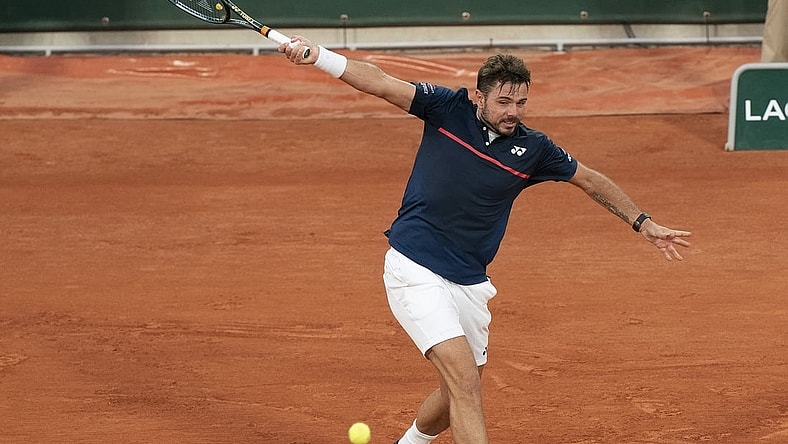 Sep 27, 2020; Paris, France; Stanislas Wawrinka (SUI) in action during his match against Andy Murray (GBR) on day one at Stade Roland Garros. Mandatory Credit: Susan Mullane-USA TODAY Sports