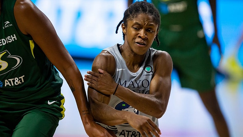 Sep 24, 2020; Bradenton, Florida, USA; Minnesota Lynx guard Crystal Dangerfield (2) pushes around a screen during Game 2 of the WNBA Semifinals against the Seattle Storm at Feld Entertainment. Mandatory Credit: Mary Holt-USA TODAY Sports