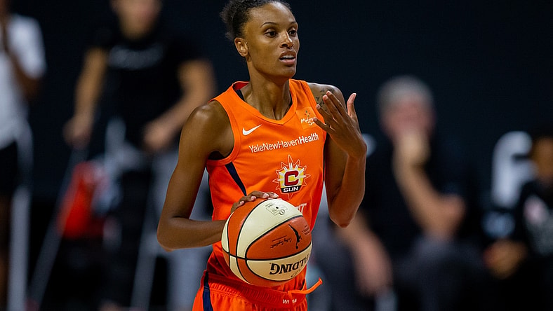Sep 29, 2020; Bradenton, Florida, USA; Connecticut Sun forward DeWanna Bonner (24) dribbles during game 5 of the WNBA semifinals between the Connecticut Suns and the Las Vegas Aces at IMG Academy. Mandatory Credit: Mary Holt-USA TODAY Sports