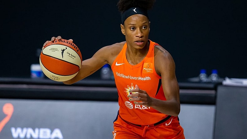 Sep 29, 2020; Bradenton, Florida, USA; Connecticut Sun guard Jasmine Thomas (5) dribbles during game 5 of the WNBA semifinals between the Connecticut Suns and the Las Vegas Aces at IMG Academy. Mandatory Credit: Mary Holt-USA TODAY Sports