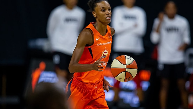Sep 29, 2020; Bradenton, Florida, USA; Connecticut Sun forward DeWanna Bonner (24) dribbles during game 5 of the WNBA semifinals between the Connecticut Suns and the Las Vegas Aces at IMG Academy. Mandatory Credit: Mary Holt-USA TODAY Sports