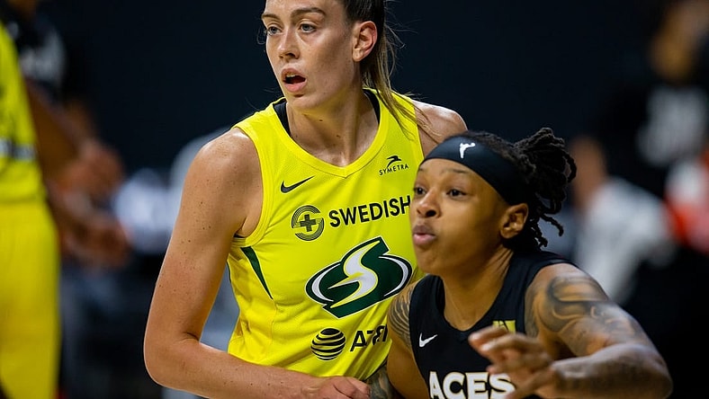 Oct 2, 2020; Bradenton, Florida, USA; Seattle Storm forward Breanna Stewart (30) posts up against Las Vegas Aces forward Emma Cannon (32) during game 1 of the WNBA finals at IMG Academy. Mandatory Credit: Mary Holt-USA TODAY Sports