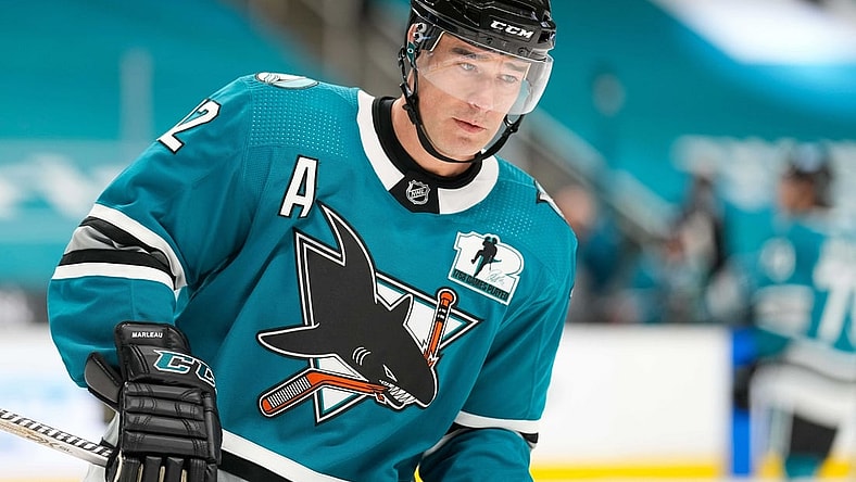 Apr 24, 2021; San Jose, California, USA;  San Jose Sharks center Patrick Marleau (12) before the game against the Minnesota Wild at SAP Center at San Jose. Mandatory Credit: Stan Szeto-USA TODAY Sports