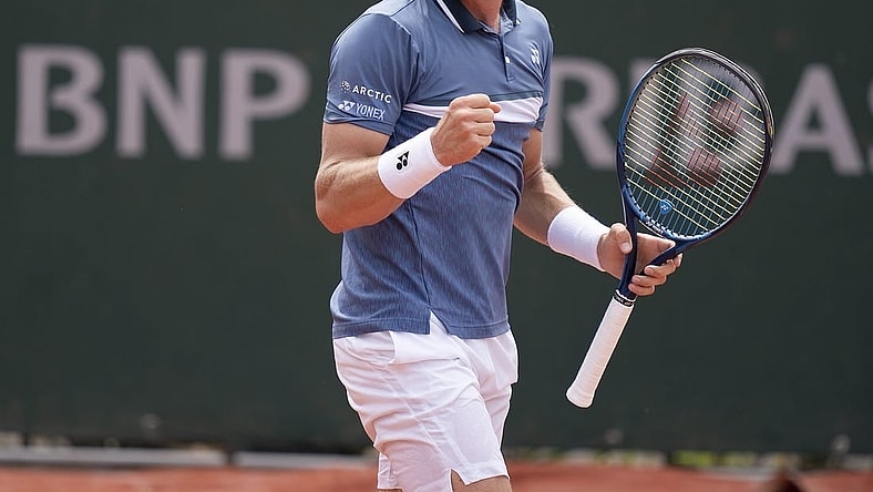 Jun 2, 2021; Paris, France;  Casper Ruud (NOR) reacts during his match against Kamil Majchrzak (POL) on day four of the French Open at Stade Roland Garros. Mandatory Credit: Susan Mullane-USA TODAY Sports