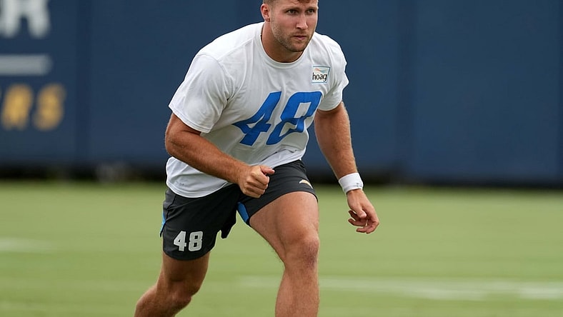 Jun 7, 2021; Costa Mesa, CA, USA; Los Angeles Chargers tight end Matt Sokol (48) during organized team activities at the Hoag Performance Center.  Mandatory Credit: Kirby Lee-USA TODAY Sports