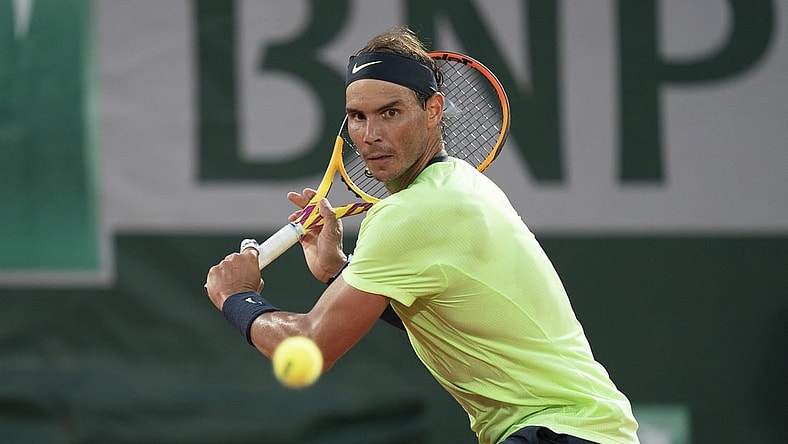 Jun 11, 2021; Paris, France; Rafael Nadal (ESP) in action during his semifinal match against Novak Djokovic (SRB) on day 13 of the French Open at Stade Roland Garros. Mandatory Credit: Susan Mullane-USA TODAY Sports