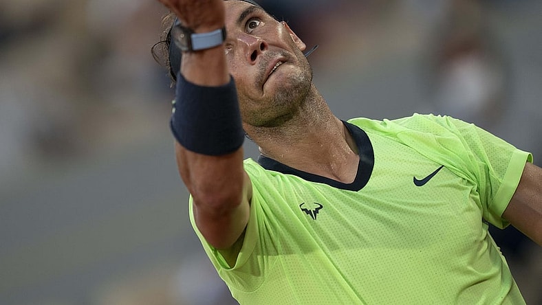 Jun 11, 2021; Paris, France; Rafael Nadal (ESP) in action during his semifinal match against Novak Djokovic (SRB) on day 13 of the French Open at Stade Roland Garros. Mandatory Credit: Susan Mullane-USA TODAY Sports