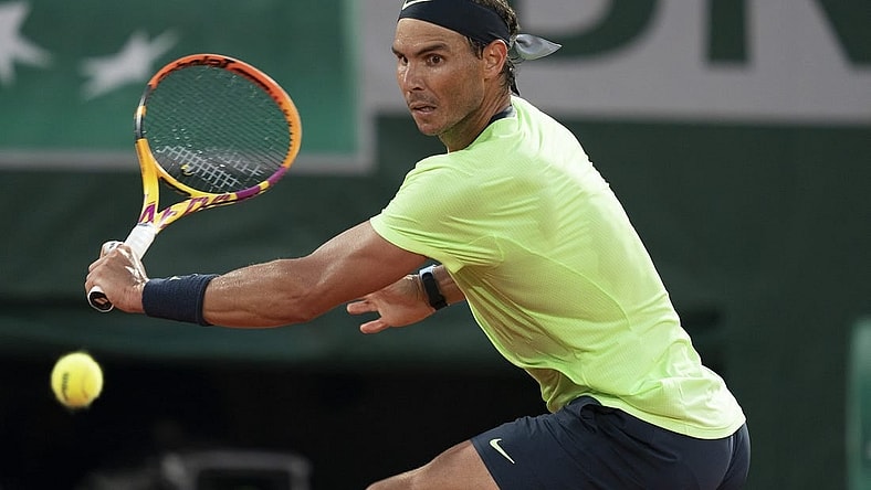 Jun 11, 2021; Paris, France; Rafael Nadal (ESP) in action during his semifinal match against Novak Djokovic (SRB) on day 13 of the French Open at Stade Roland Garros. Mandatory Credit: Susan Mullane-USA TODAY Sports