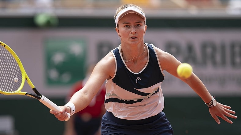 Jun 12, 2021; Paris, France; Barbora Krejcikova (CZE) in action during the women's final match against Anastasia Pavlyuchenkova (RUS) on day 14 of the French Open at Stade Roland Garros. Mandatory Credit: Susan Mullane-USA TODAY Sports