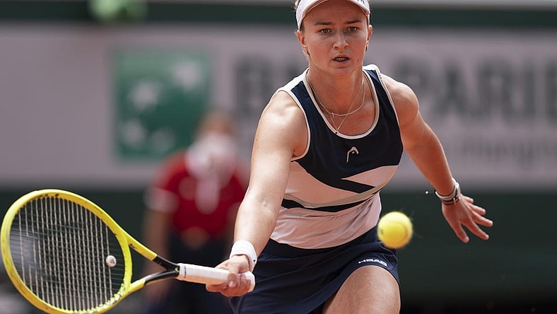 Jun 12, 2021; Paris, France; Barbora Krejcikova (CZE) in action during the women's final match against Anastasia Pavlyuchenkova (RUS) on day 14 of the French Open at Stade Roland Garros. Mandatory Credit: Susan Mullane-USA TODAY Sports