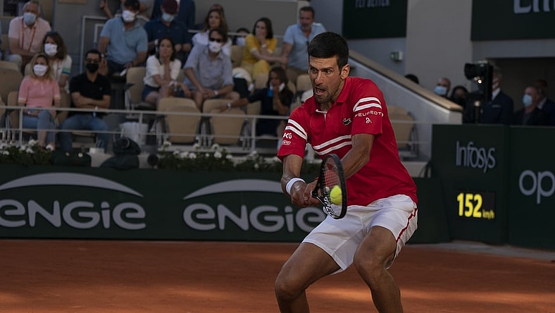 Jun 13, 2021; Paris, France; Novak Djokovic (SRB) in action during the men's final against Stefanos Tsitsipas (GRE) on day 15 of the French Open at Stade Roland Garros. Mandatory Credit: Susan Mullane-USA TODAY Sports