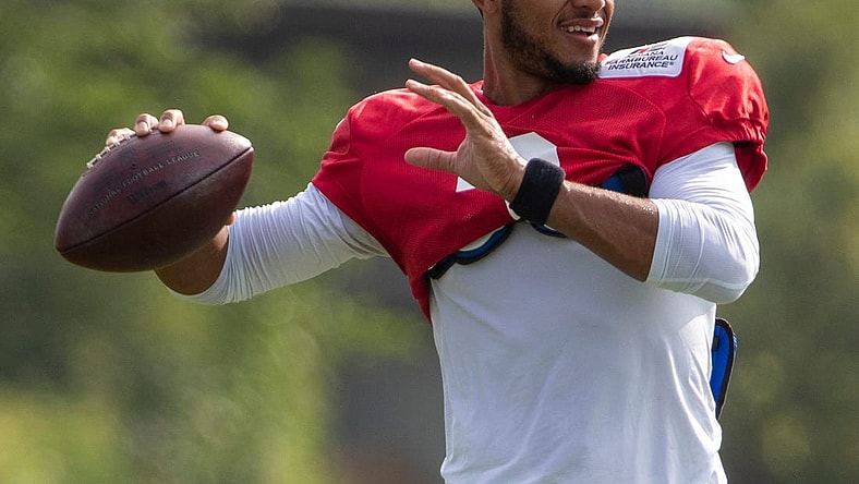 Indianapolis Colts quarterback Brett Hundley (3) throws during the day's Colts camp practice at Grand Park in Westfield on Wednesday, Aug. 18, 2021.

Colts Camp